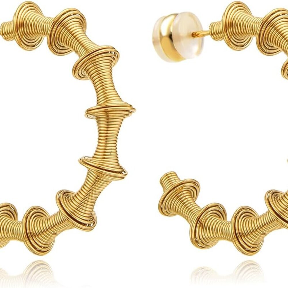 Gold coil spring hoop earrings for women, stainless steel, twisted bamboo, light